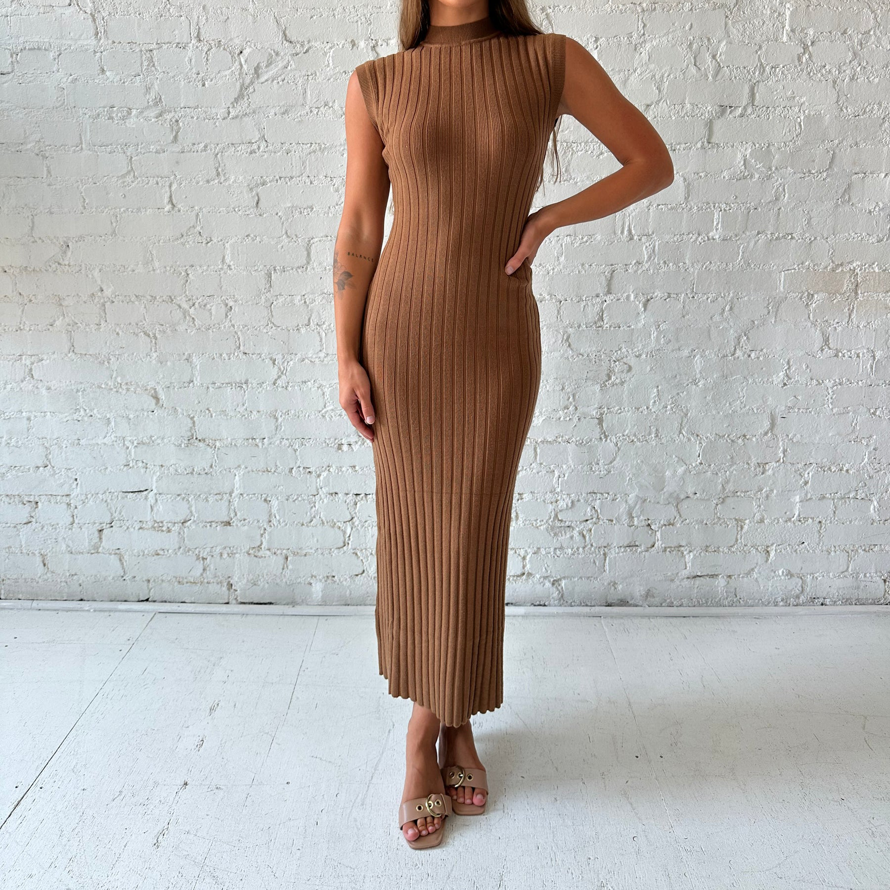 Mock Neck Cap Sleeve Ribbed Knit Midi Dress