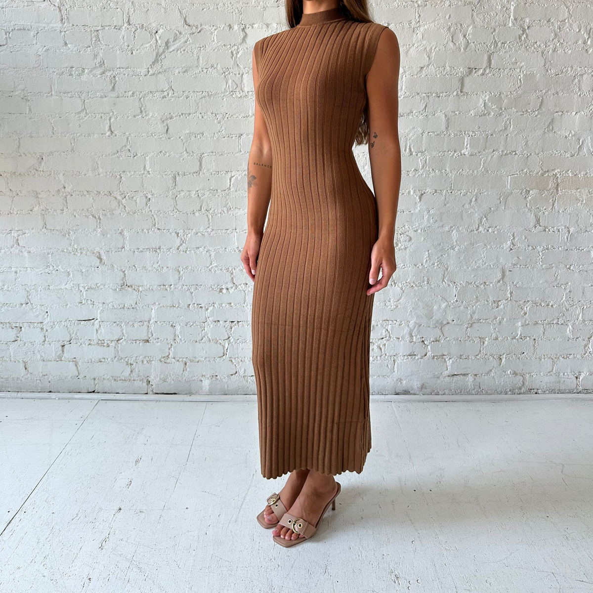 Mock Neck Cap Sleeve Ribbed Knit Midi Dress