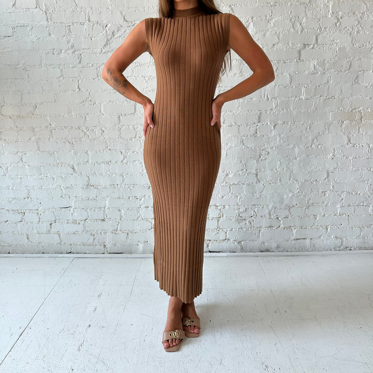 Mock Neck Cap Sleeve Ribbed Knit Midi Dress