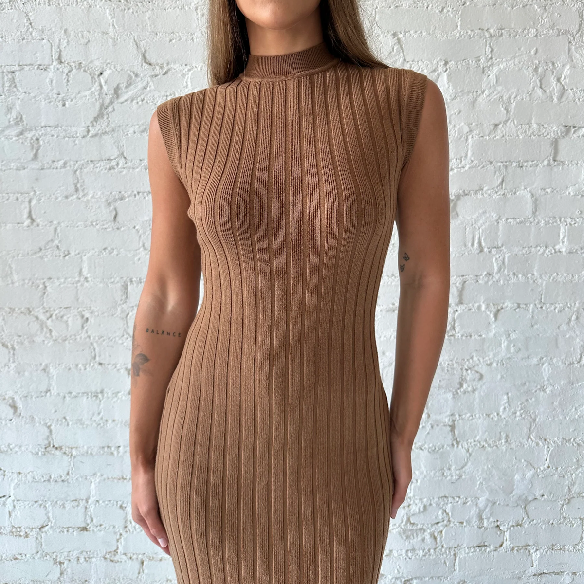Mock Neck Cap Sleeve Ribbed Knit Midi Dress