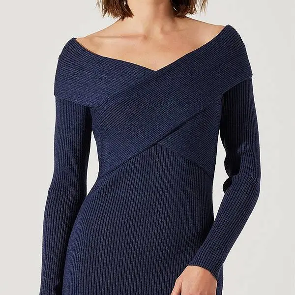 Off‑Shoulder Ribbed Knit Midi Dress