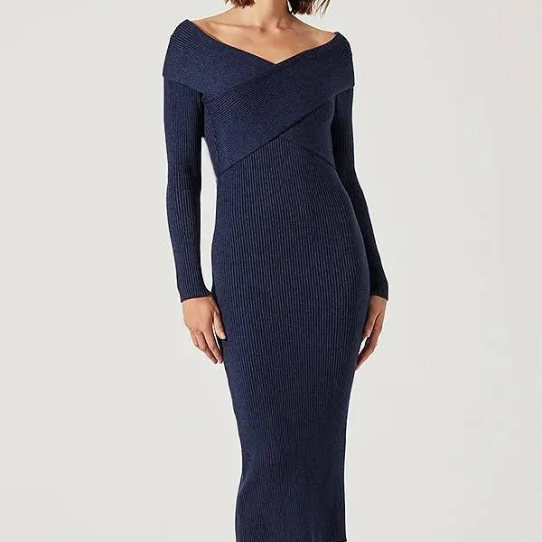 Off‑Shoulder Ribbed Knit Midi Dress